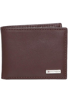 Tommy Hilfiger Men's Metal Logo Leather Passcase Wallet - Brown